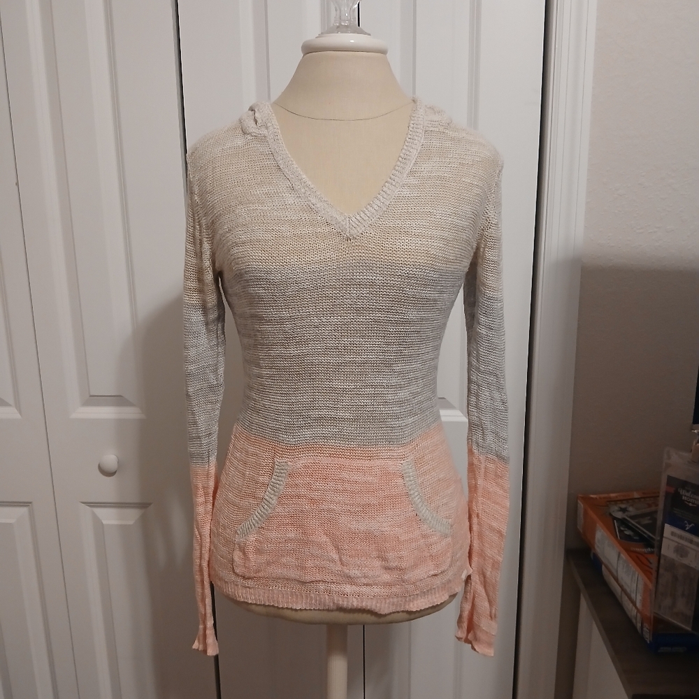 LIKE NEW Roxy Open Weave Hooded Pocket Stripe Color Block Ombre Sweater Medium